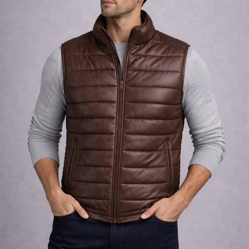 Laraunt Brown Quilted Leather Vest Men’s Size XL Luxury Zip Puffer Style